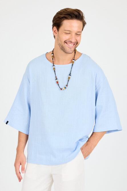 Oversize Bohem Düşük Omuz Keten Tişört - Görsel 6