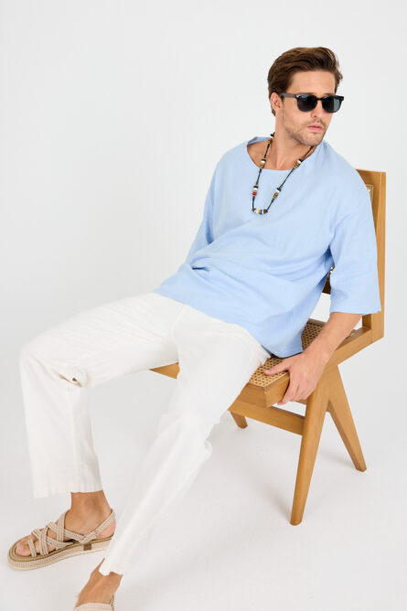 Oversize Bohem Düşük Omuz Keten Tişört - Görsel 5