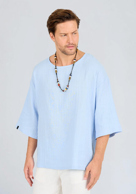 Oversize Bohem Düşük Omuz Keten Tişört - Görsel 2