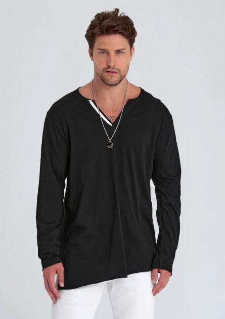 Asimetrik Kesim V Yaka Tşört - Görsel 4